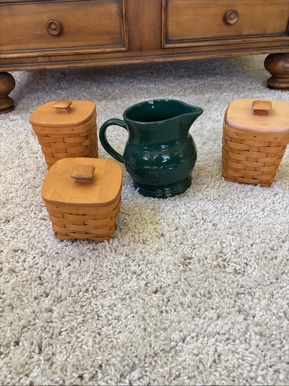 Longaberger Deep Green Ceramic Pitcher with Natural Wood Canisters